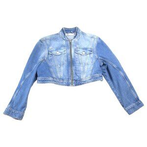 Zara Trucker Jacket Womens Medium Blue Denim Crop Flap Pocket Long Sleeve Zip-Up